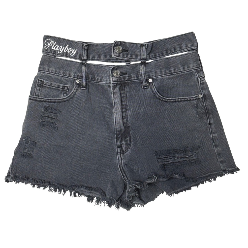 Playboy by PacSun Black‎ Distressed Double Waistband Denim Shorts Size 28